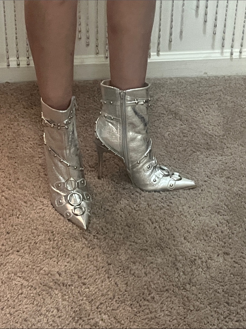 Public Desire Quinn Silver Pointed Toe Ankle Boots with Decorative Rings